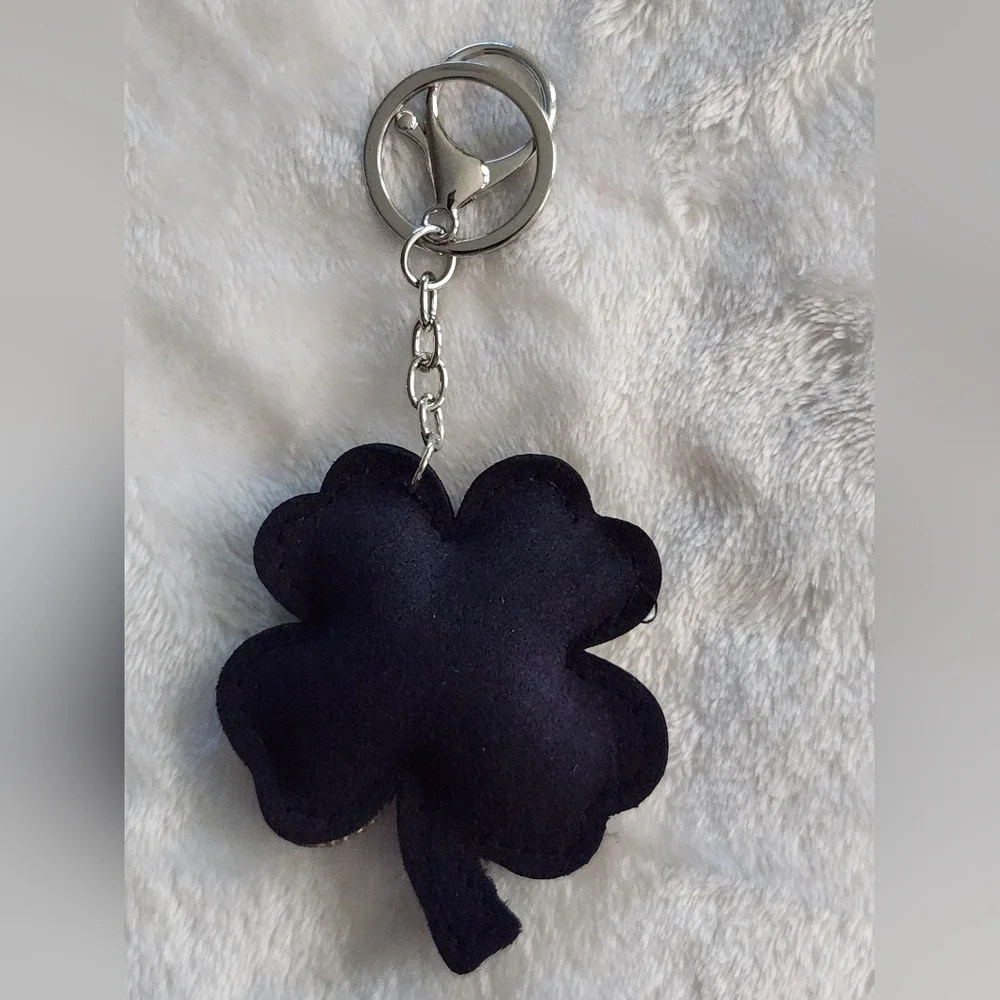 Black and Silver Rhinestone Clover Keychain Bag Charm